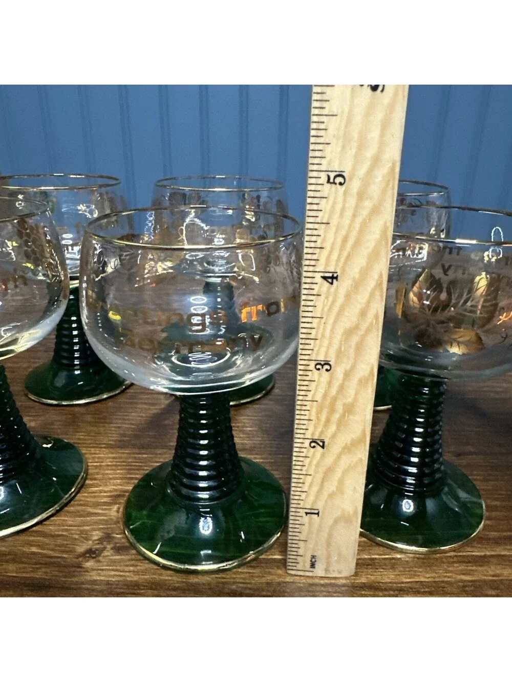 Vintage Greetings Germany Green Stem Gold Rim Wine Goblets Glasses Set of 6
